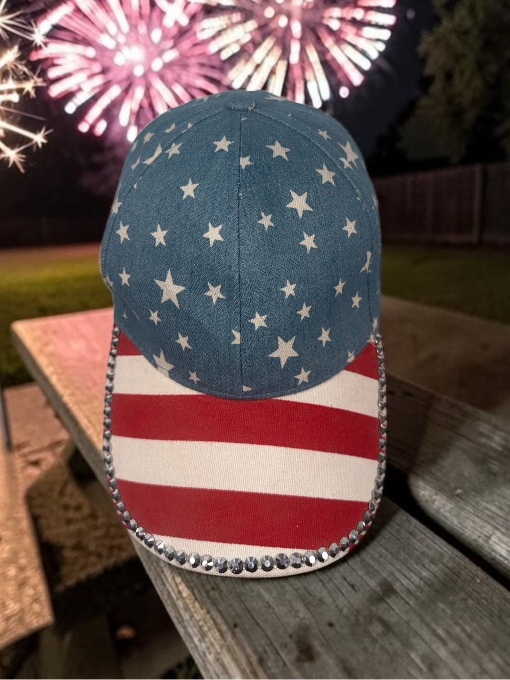 Star-Spangled Denim Cap with Rhinestone Trim